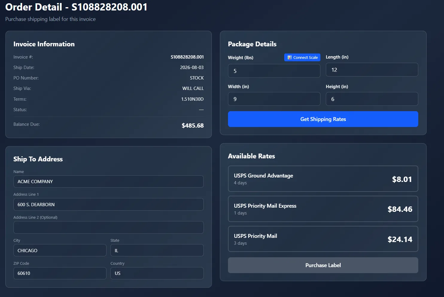 ship54 — order detail with package dimensions and live carrier rates